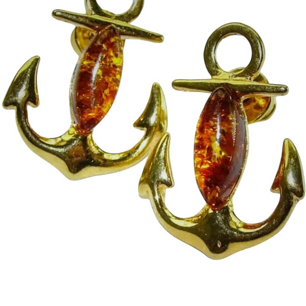 14 Carat Gold over Sterling Silver & Genuine Amber Stone Anchor Pierced Earrings